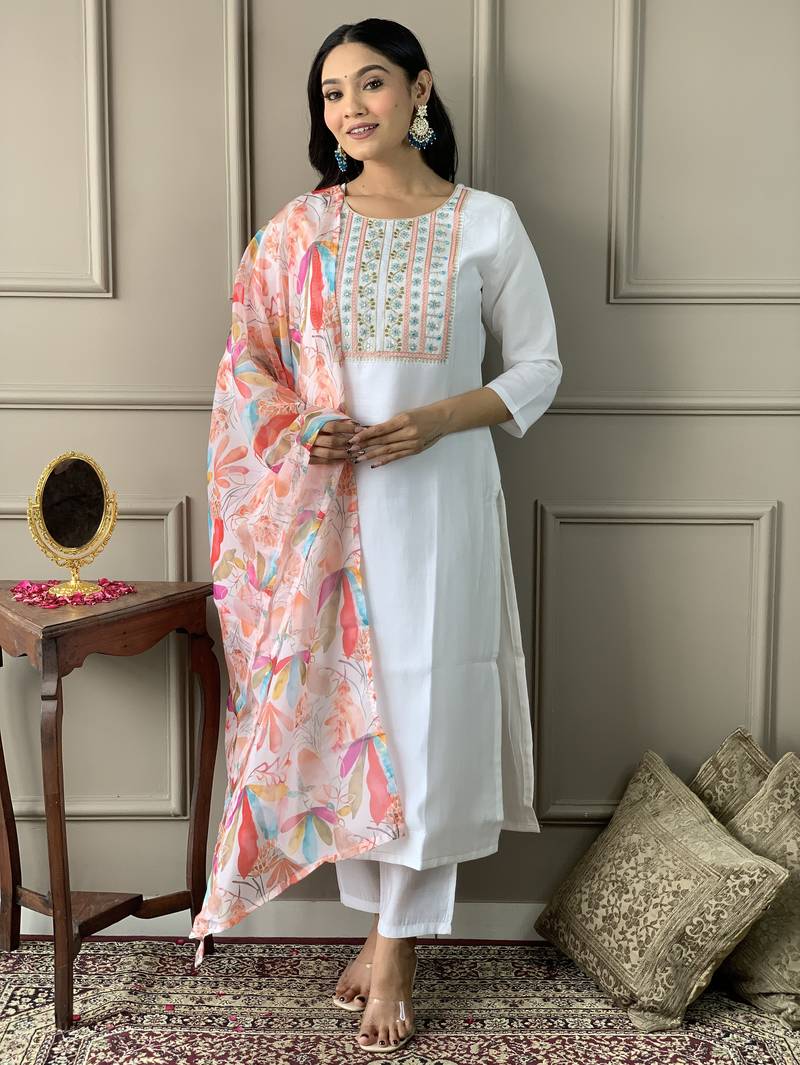 Women's white chanderi kurta set with floral dupatta, embroidered yoke, 3/4 sleeves