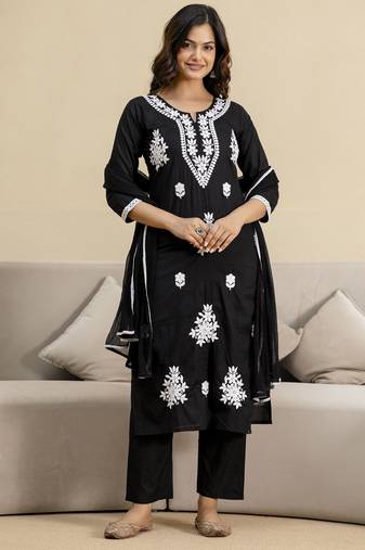 Black cambric cotton embroidery kurta pant with dupatta set