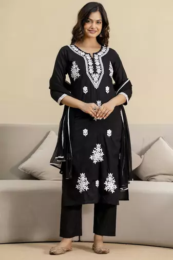 Black cambric cotton embroidery kurta pant with dupatta set