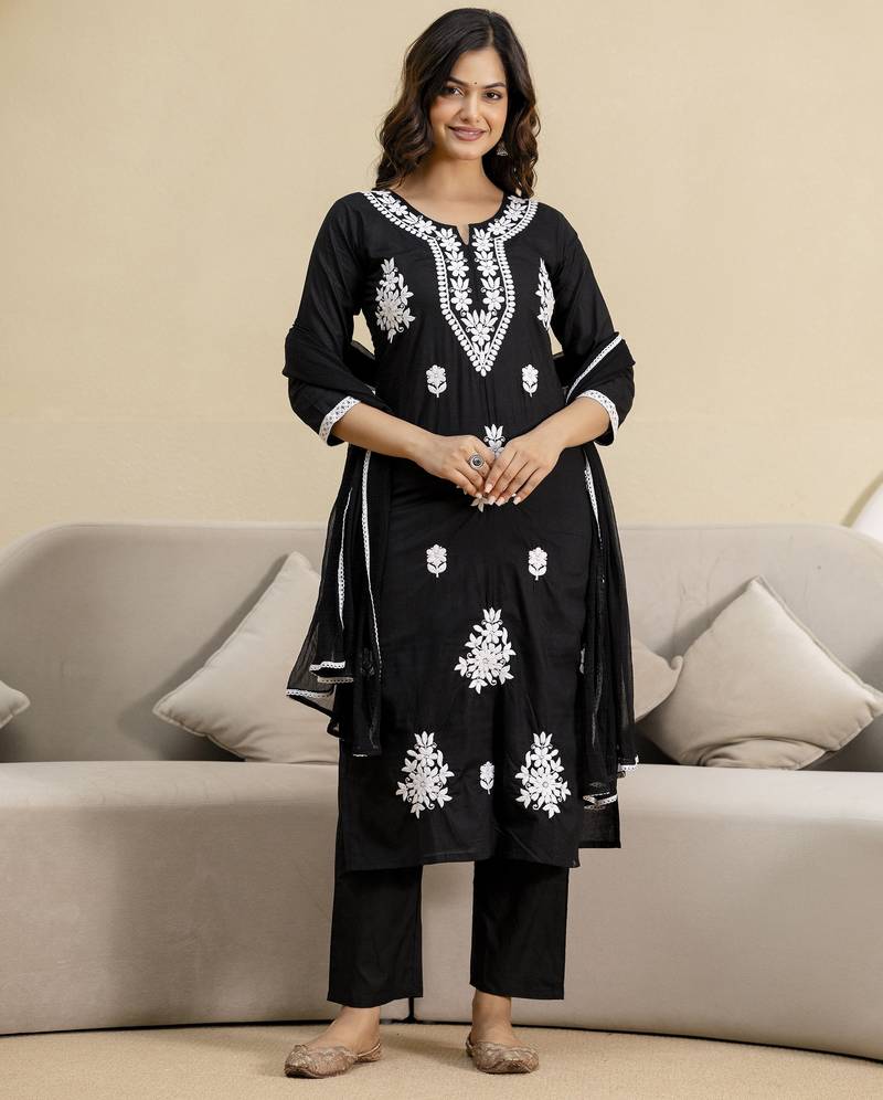 Black cambric cotton embroidery kurta pant with dupatta set