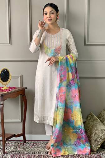 Women's white georgette kurta set with floral dupatta, embroidered yoke, 3/4 sleeves