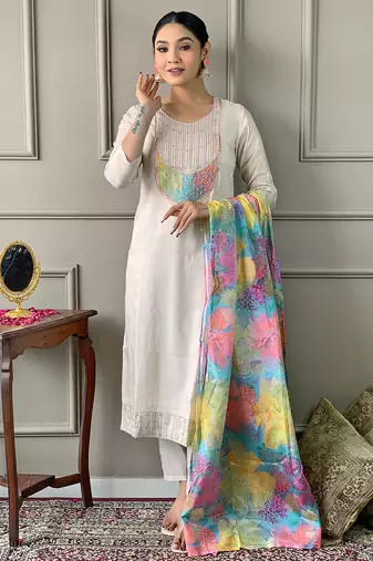 Women's white georgette kurta set with floral dupatta, embroidered yoke, 3/4 sleeves