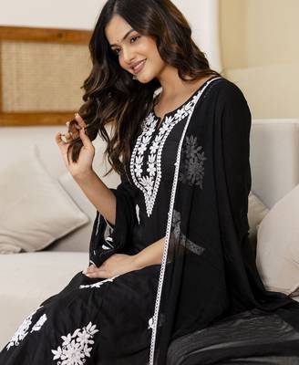 Black cambric cotton embroidery kurta pant with dupatta set 5