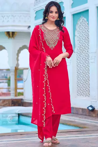 Women's pink chanderi kurta set, embroidered yoke, floral printed dupatta, 3/4 sleeve, regular fit
