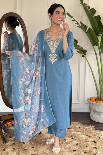 Women's blue vilscose reyon embroidered kurta set with dupatta, 3/4 sleeve, v neck, regular fit