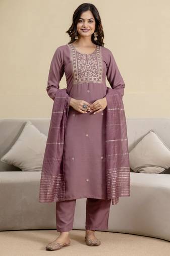 Peach cotton embroidery kurta pant with dupatta set