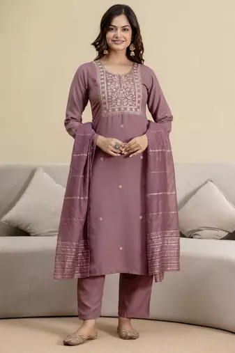 Peach cotton embroidery kurta pant with dupatta set