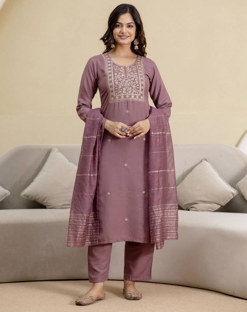 Peach cotton embroidery kurta pant with dupatta set