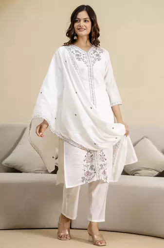 Trendmalls White chanderi embroidery kurta pant with dupatta set