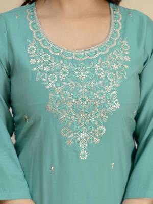 Teal blue roman silk embroidery kurta pant with dupatta set 7