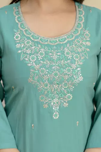 Trendmalls Teal blue roman silk embroidery kurta pant with dupatta set
