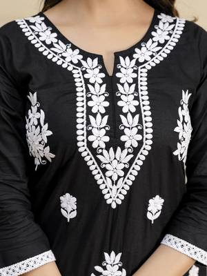 Black cambric cotton embroidery kurta pant with dupatta set 7