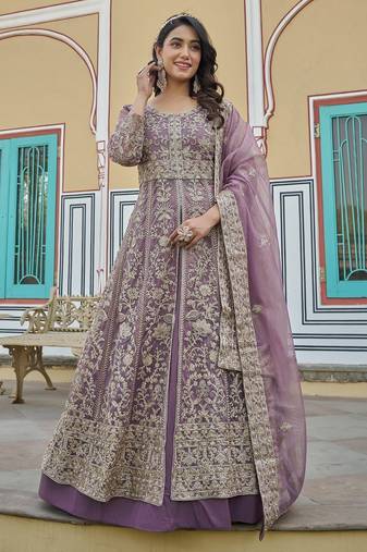 DESIGNER LAVENDER COLOR NET FABRIC ANARKALI SALWAR SUIT SEMI STITCHED DUE STYLE
