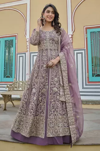 DESIGNER LAVENDER COLOR NET FABRIC ANARKALI SALWAR SUIT SEMI STITCHED DUE STYLE