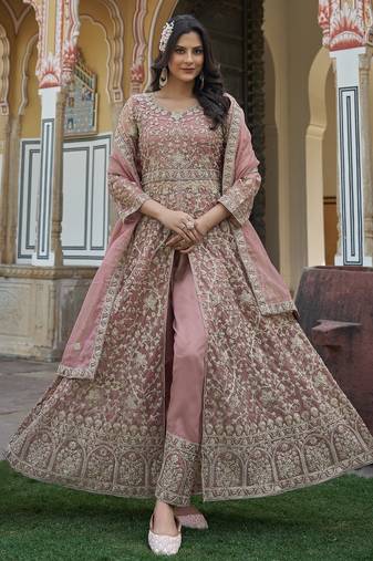 DESIGNER PINK COLOR NET FABRIC ANARKALI SALWAR SUIT SEMI STITCHED DUE STYLE