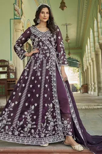 DESIGNER PURPLE COLOR SILK FABRIC ANARKALI SALWAR SUIT SEMI STITCHED