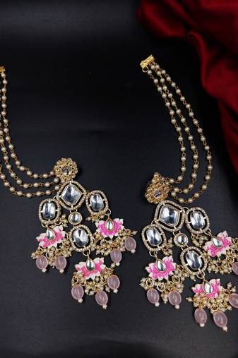 Gold-plated kundan pearl & pink bead triple layer earrings with floral detailing for women & girls