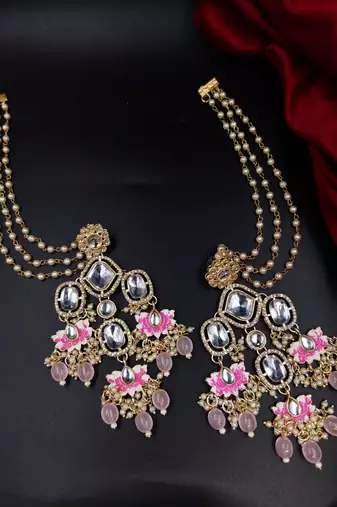 Gold-plated kundan pearl & pink bead triple layer earrings with floral detailing for women & girls