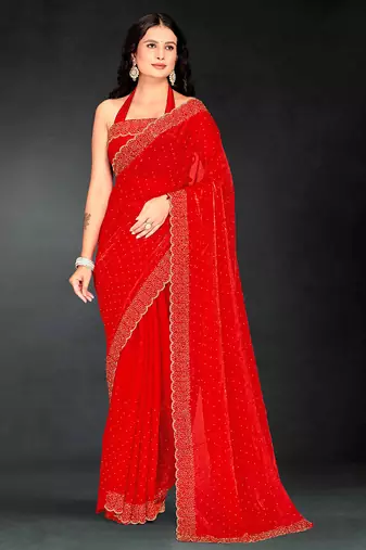 red handwork zarkan embroidery silk blend saree