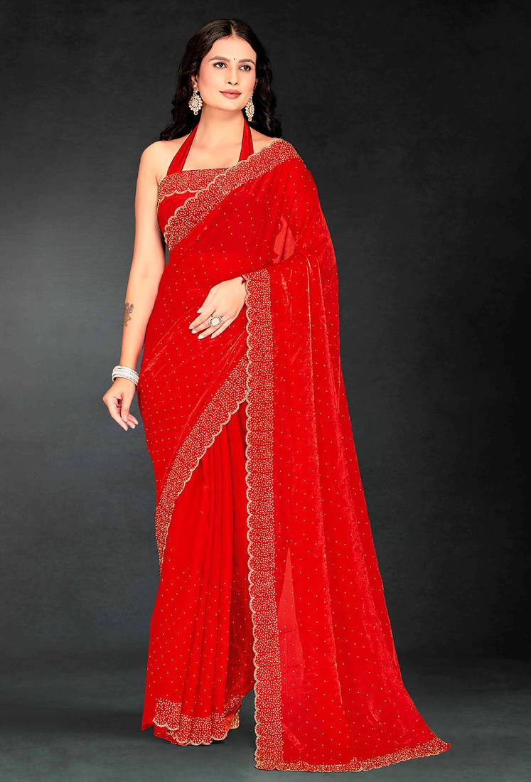 red handwork zarkan embroidery silk blend saree