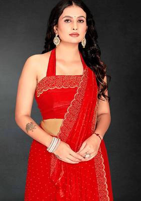 red handwork zarkan embroidery silk blend saree 4