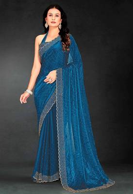 teal blue handwork zarkan embroidery silk blend saree 1