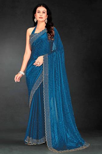 teal blue handwork zarkan embroidery silk blend saree