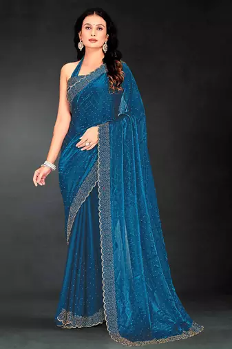 teal blue handwork zarkan embroidery silk blend saree