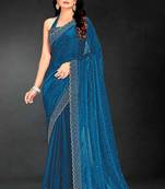 teal blue handwork zarkan embroidery silk blend saree