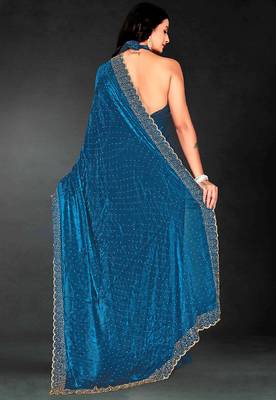 teal blue handwork zarkan embroidery silk blend saree 2