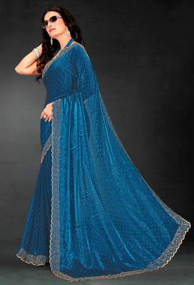 teal blue handwork zarkan embroidery silk blend saree 3