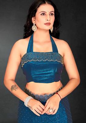 teal blue handwork zarkan embroidery silk blend saree 4