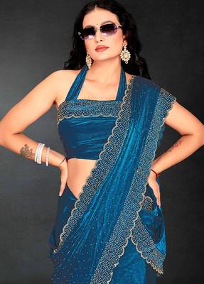 teal blue handwork zarkan embroidery silk blend saree 5
