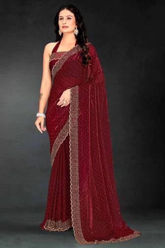 maroon handwork zarkan embroidery silk blend saree