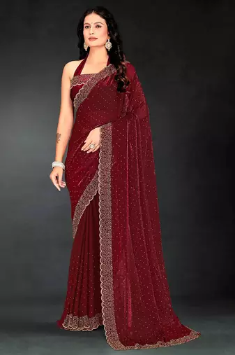 maroon handwork zarkan embroidery silk blend saree