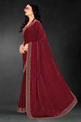 maroon handwork zarkan embroidery silk blend saree
