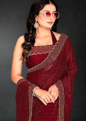 maroon handwork zarkan embroidery silk blend saree 4
