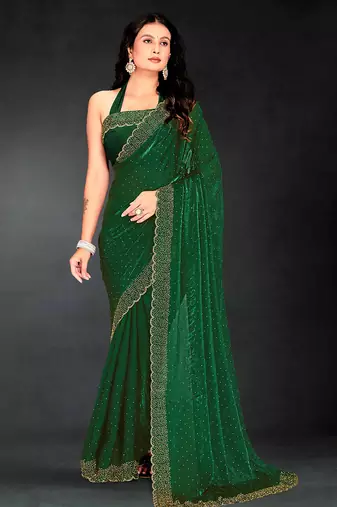 bottle green handwork zarkan embroidery silk blend saree
