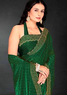 bottle green handwork zarkan embroidery silk blend saree 4
