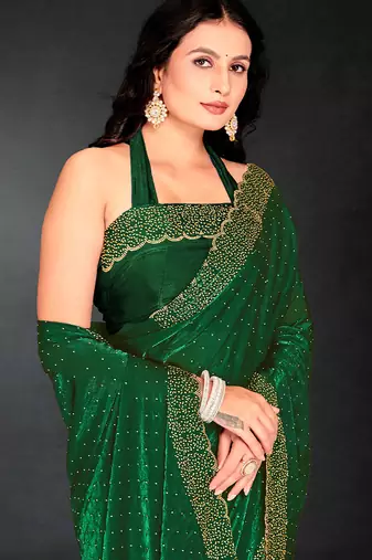 bottle green handwork zarkan embroidery silk blend saree