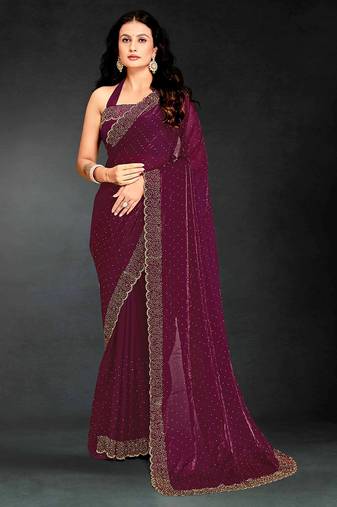 wine handwork zarkan embroidery silk blend saree
