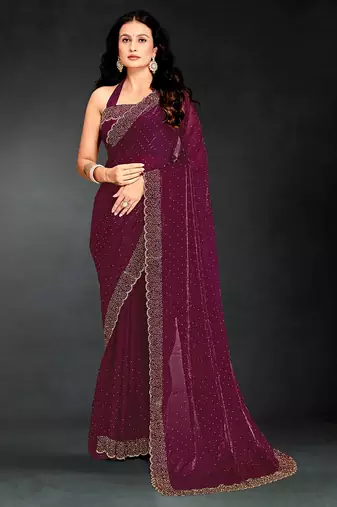wine handwork zarkan embroidery silk blend saree