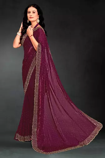 wine handwork zarkan embroidery silk blend saree
