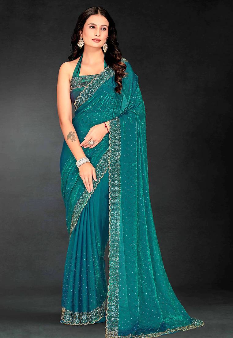 firozi handwork zarkan embroidery silk blend saree