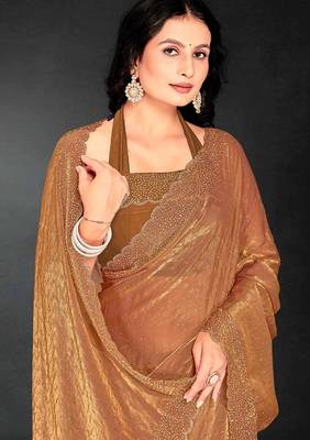 golden handwork zarkan embroidery silk blend saree 4
