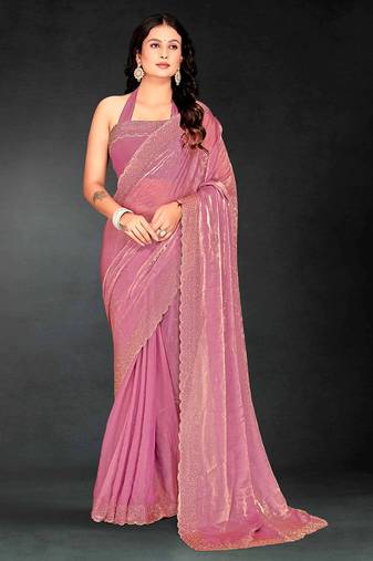 pink handwork zarkan embroidery silk blend saree