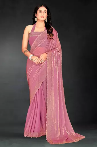 pink handwork zarkan embroidery silk blend saree