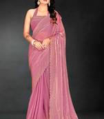 pink handwork zarkan embroidery silk blend saree
