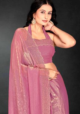 pink handwork zarkan embroidery silk blend saree 4