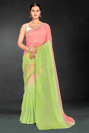 peach green two tone stone work silk blend saree